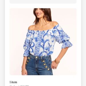 Ramy Brook Blue and White Patterned Off-Shoulder Blouse